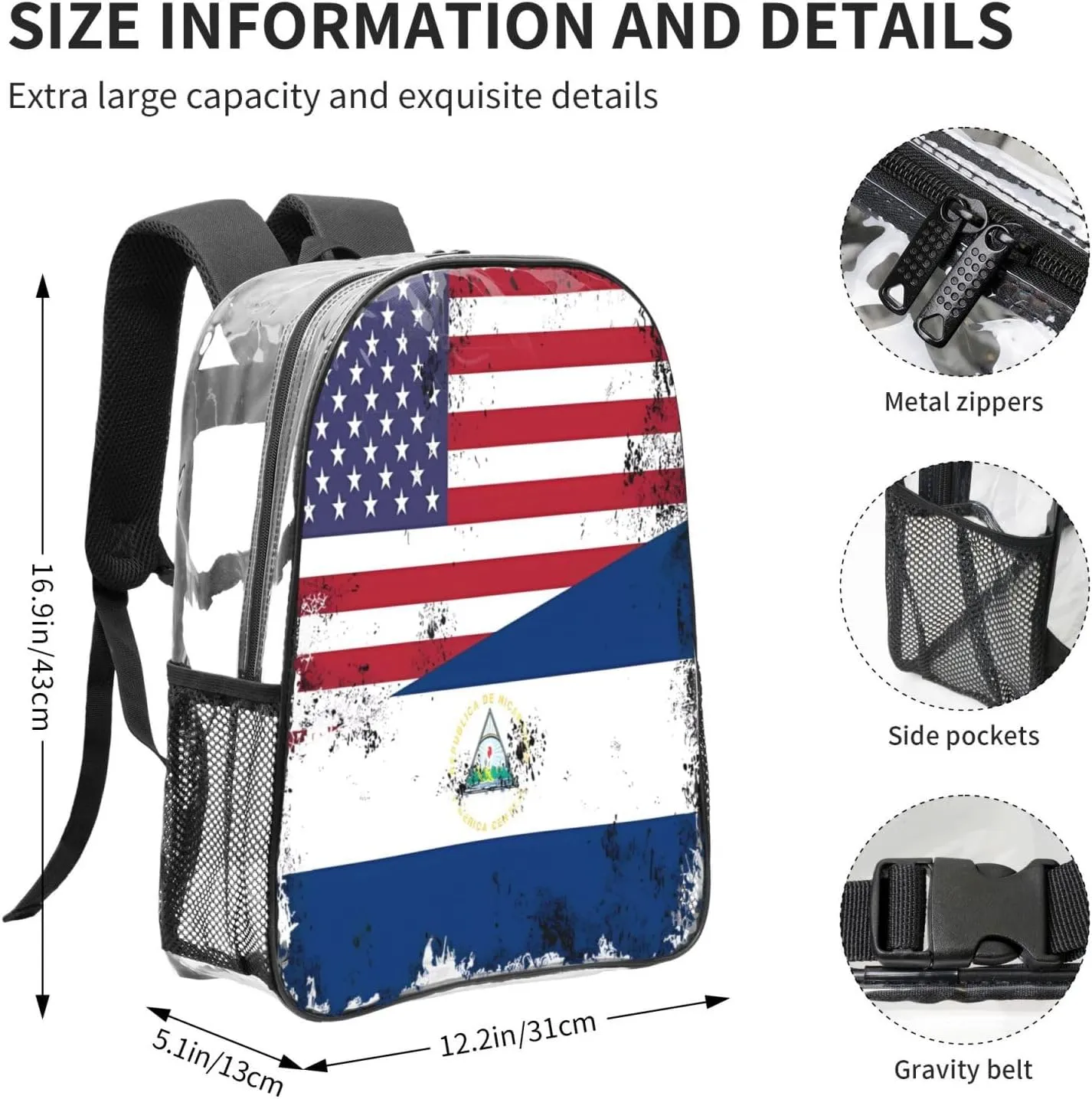 Half Nicaraguan Flag Design Vintage Nicaragua USA 16 Inch Clear PVC Backpacks Transparent Backpack Multipurpose Double Shoulder Bag for Men Women Gifts