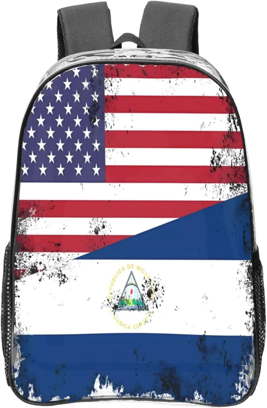 Half Nicaraguan Flag Design Vintage Nicaragua USA 16 Inch Clear PVC Backpacks Transparent Backpack Multipurpose Double Shoulder Bag for Men Women Gifts