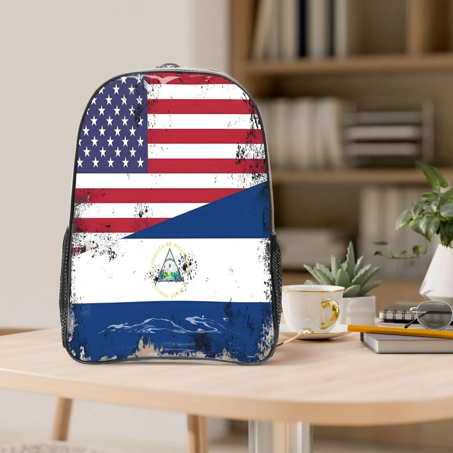 Half Nicaraguan Flag Design Vintage Nicaragua USA 16 Inch Clear PVC Backpacks Transparent Backpack Multipurpose Double Shoulder Bag for Men Women Gifts