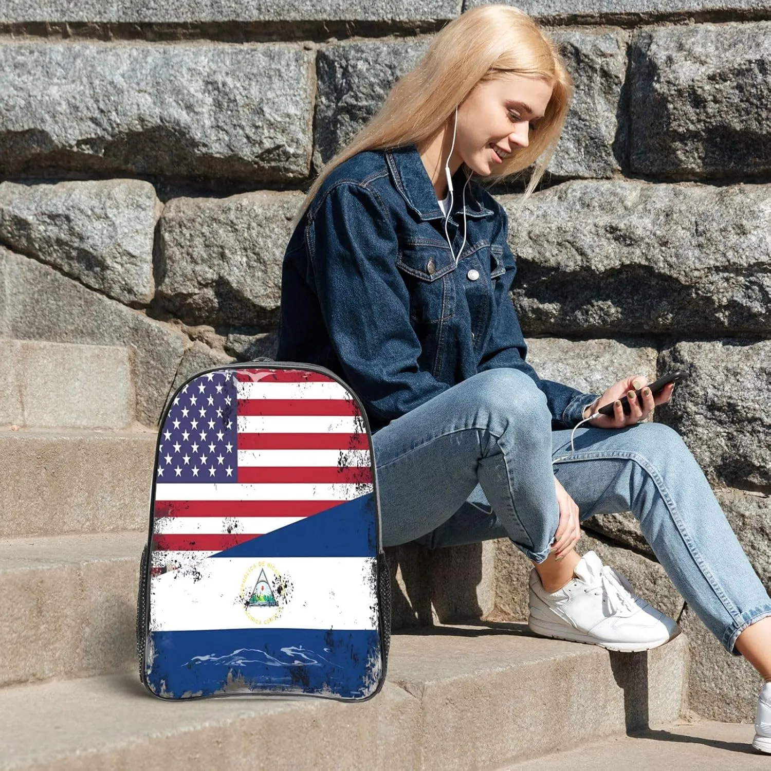 Half Nicaraguan Flag Design Vintage Nicaragua USA 16 Inch Clear PVC Backpacks Transparent Backpack Multipurpose Double Shoulder Bag for Men Women Gifts