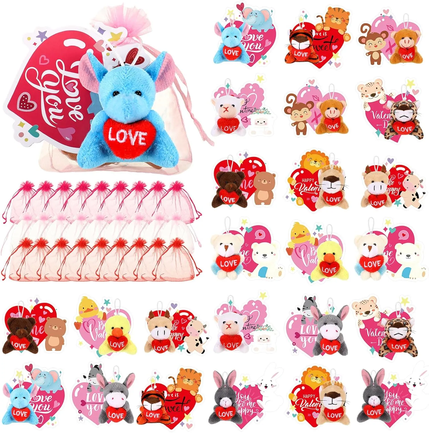 Hanaive 36 Set Valentines Day Classroom Gifts for Kids Heart Cards with Mini Stuffed Animals Keychain and Organza Bags Animal Plush Toys Bulk Students Classroom Exchange Gifts Prize Party Favors