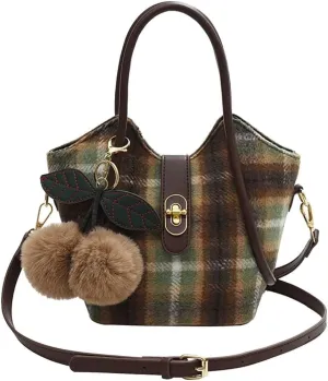 Handbag for Women Tartan Shoulder Vintage Crossbody Medium Capacity Messenger Elegant Tote Top Handle Tweed