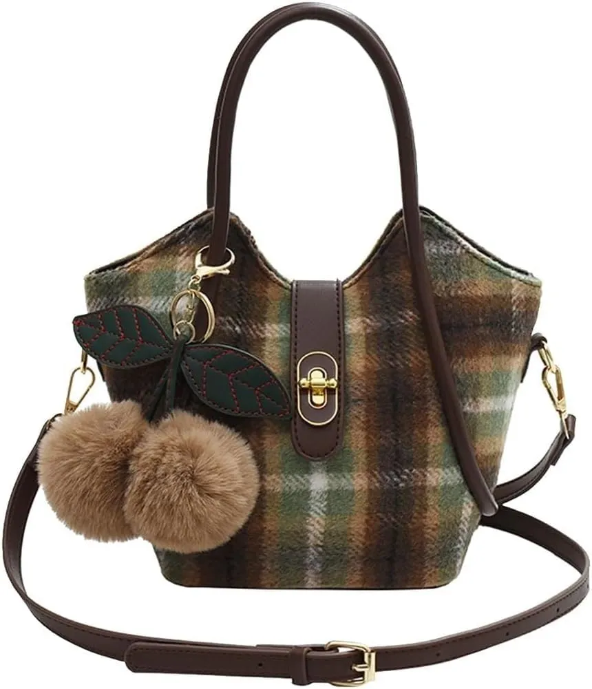 Handbag for Women Tartan Shoulder Vintage Crossbody Medium Capacity Messenger Elegant Tote Top Handle Tweed