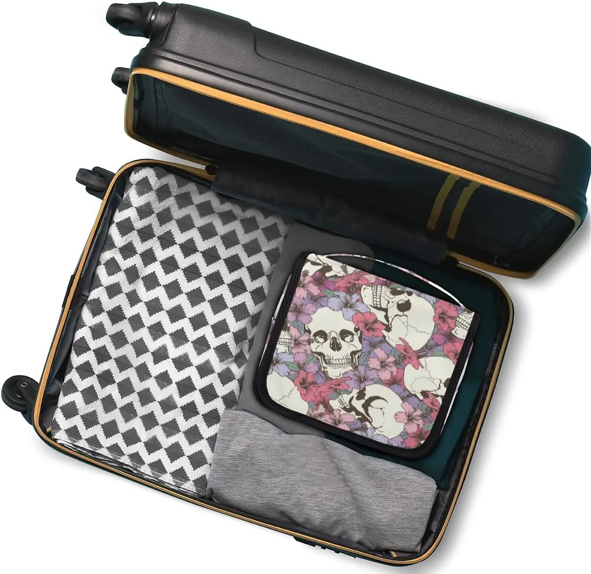 Hanging Toiletry Bag for Women & Men Small Travel Makeup Skincare Necessaire Organizer Kit Cosmetic Bags Waterproof Shower Pouch Expandable Compartments Abstract Skeleton Flowers