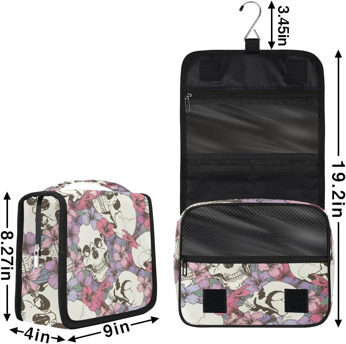 Hanging Toiletry Bag for Women & Men Small Travel Makeup Skincare Necessaire Organizer Kit Cosmetic Bags Waterproof Shower Pouch Expandable Compartments Abstract Skeleton Flowers