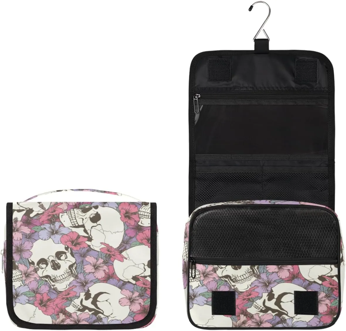 Hanging Toiletry Bag for Women & Men Small Travel Makeup Skincare Necessaire Organizer Kit Cosmetic Bags Waterproof Shower Pouch Expandable Compartments Abstract Skeleton Flowers