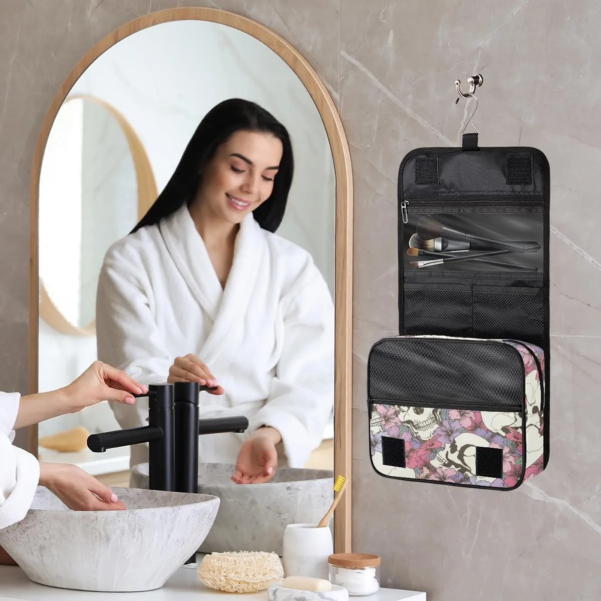 Hanging Toiletry Bag for Women & Men Small Travel Makeup Skincare Necessaire Organizer Kit Cosmetic Bags Waterproof Shower Pouch Expandable Compartments Abstract Skeleton Flowers