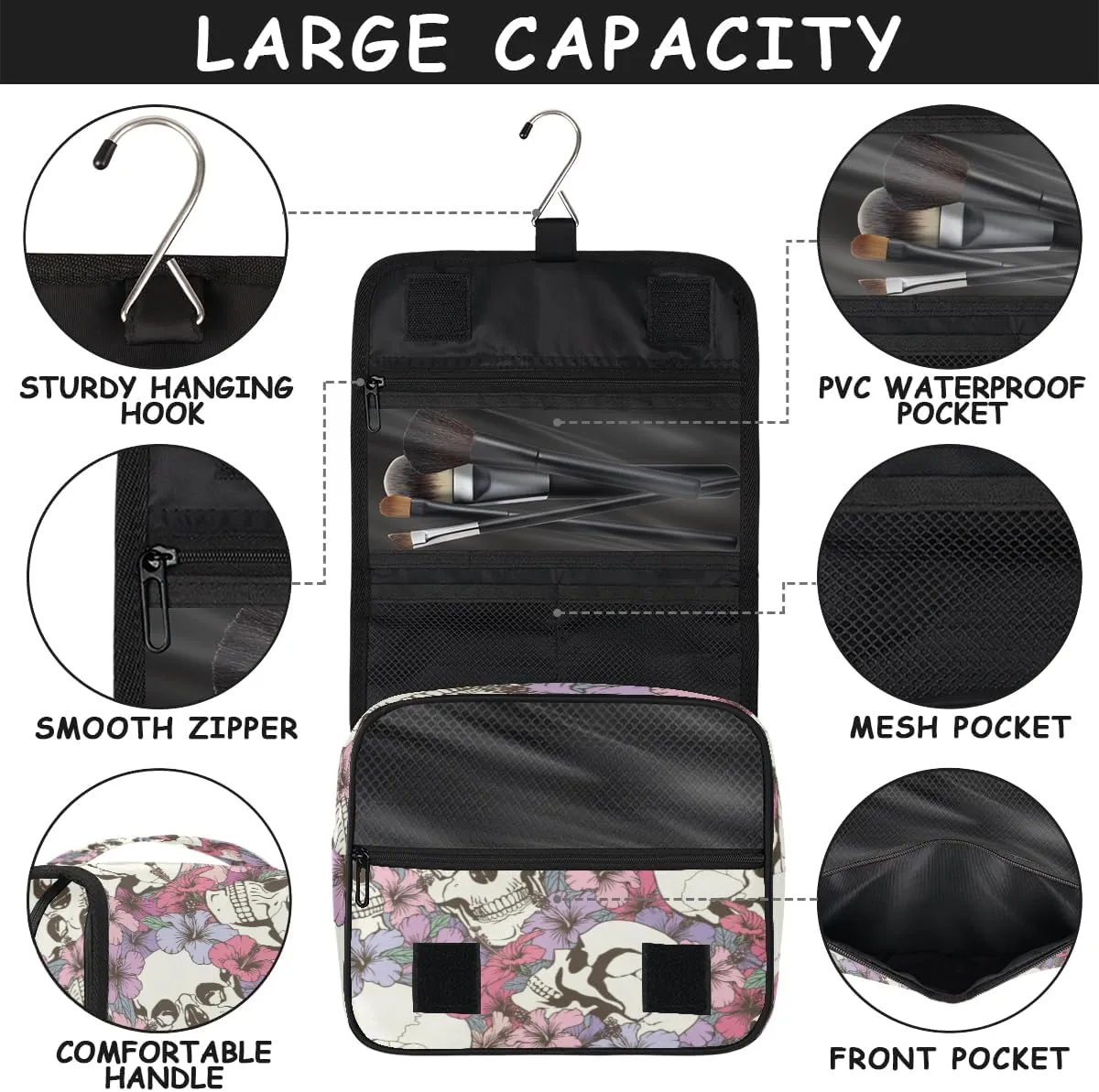 Hanging Toiletry Bag for Women & Men Small Travel Makeup Skincare Necessaire Organizer Kit Cosmetic Bags Waterproof Shower Pouch Expandable Compartments Abstract Skeleton Flowers