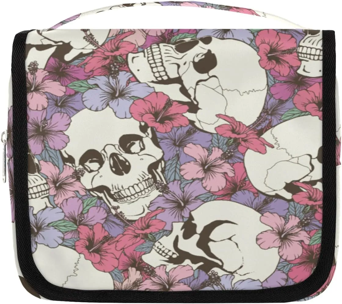 Hanging Toiletry Bag for Women & Men Small Travel Makeup Skincare Necessaire Organizer Kit Cosmetic Bags Waterproof Shower Pouch Expandable Compartments Abstract Skeleton Flowers