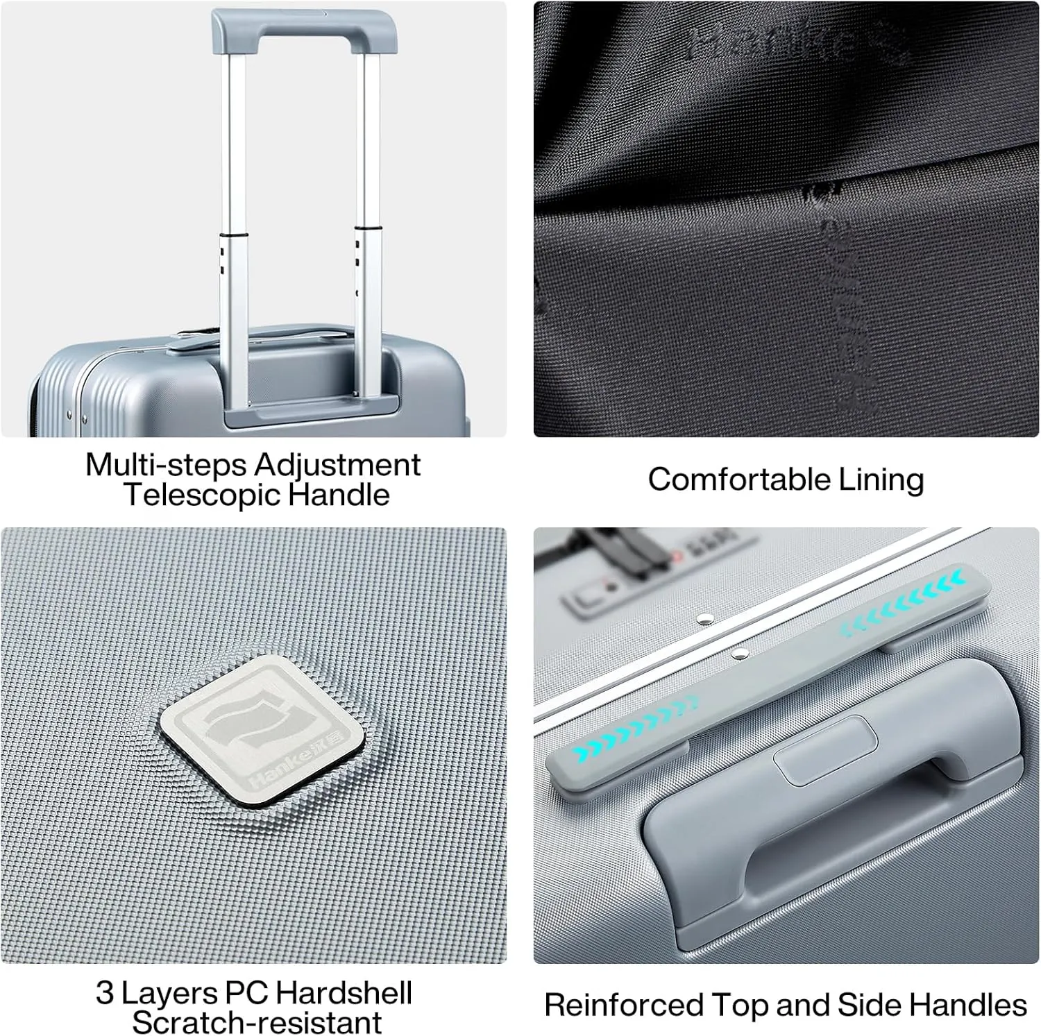 Hanke Grace Hard Shell Suitcases with Wheels,20 Inch Carry On Luggage Airline Approved with Aluminum Frame, Travel suitcase with Front Pocket Travel Luggage for Short Business Trips, Grey.