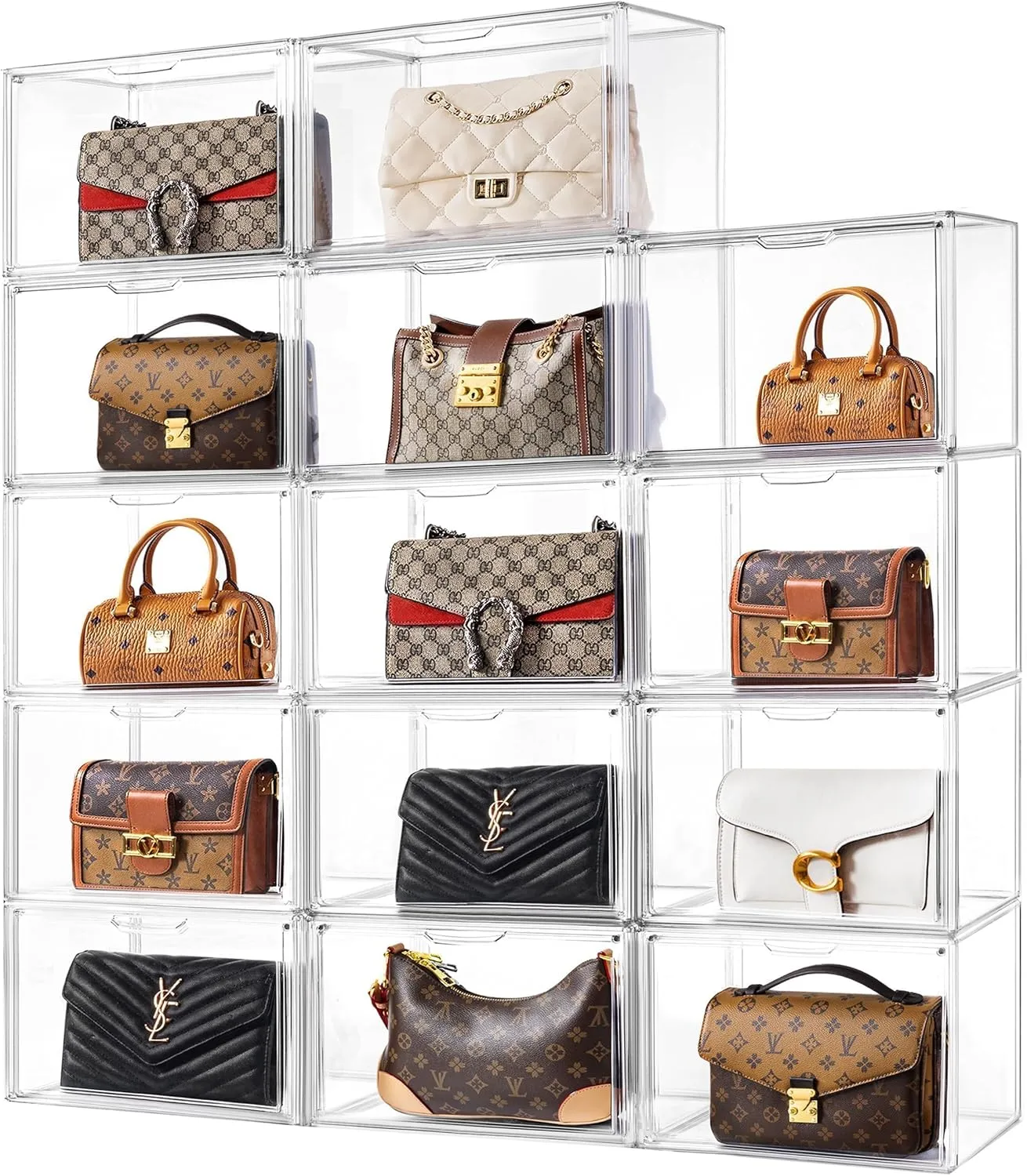 HBlife 14 Pack Purse Storage Organizer for Closet, Large Clear Stackable Handbag Display Case Box with Magnetic Door for Collectibles, Cosmetics, Women Heels and Toys