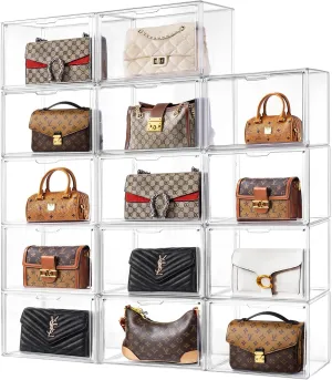 HBlife 14 Pack Purse Storage Organizer for Closet, Large Clear Stackable Handbag Display Case Box with Magnetic Door for Collectibles, Cosmetics, Women Heels and Toys