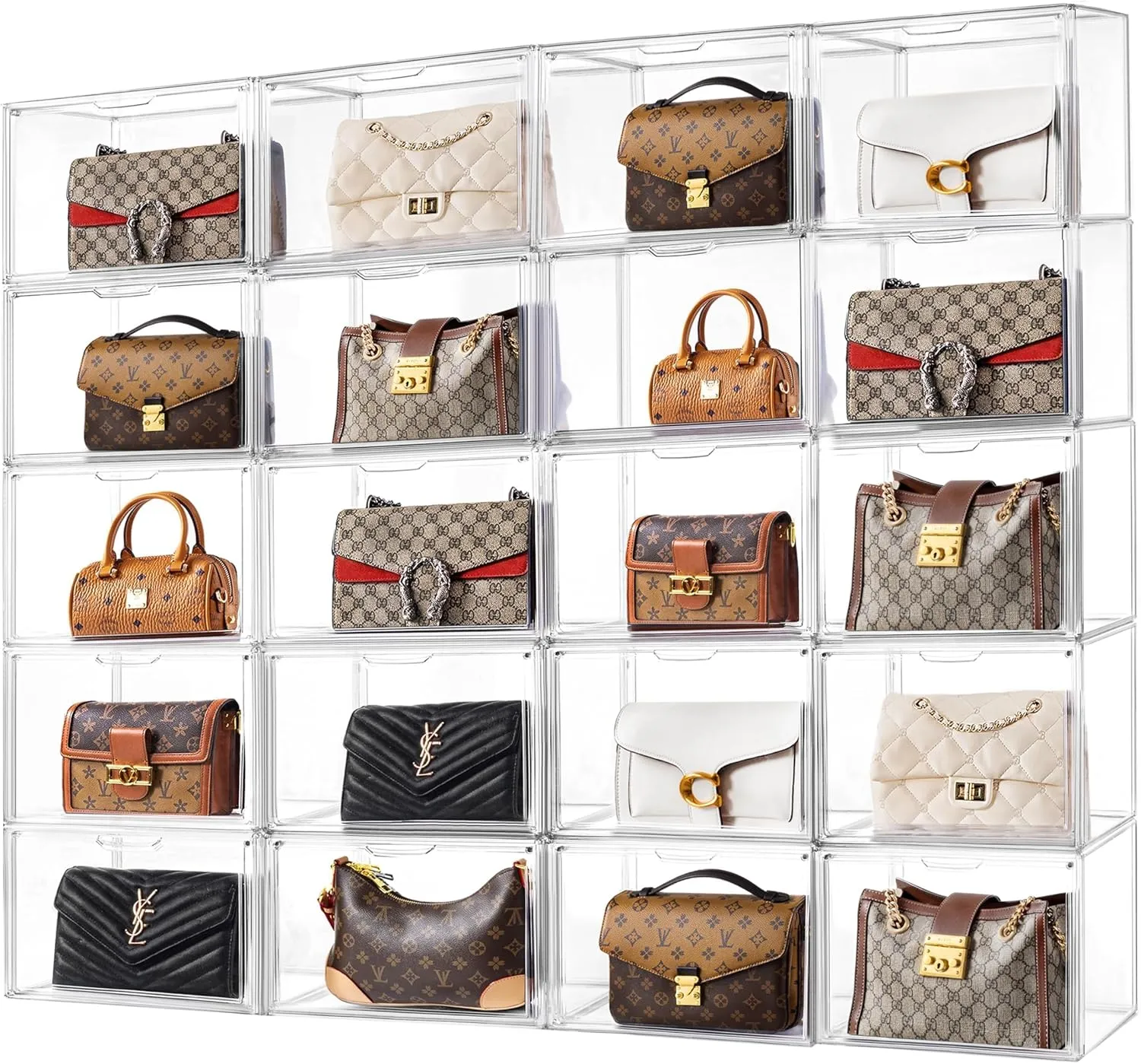 HBlife 20 Pack Purse Storage Organizer for Closet, Large Clear Stackable Handbag Display Case Box with Magnetic Door for Collectibles, Cosmetics, Women Heels and Toys