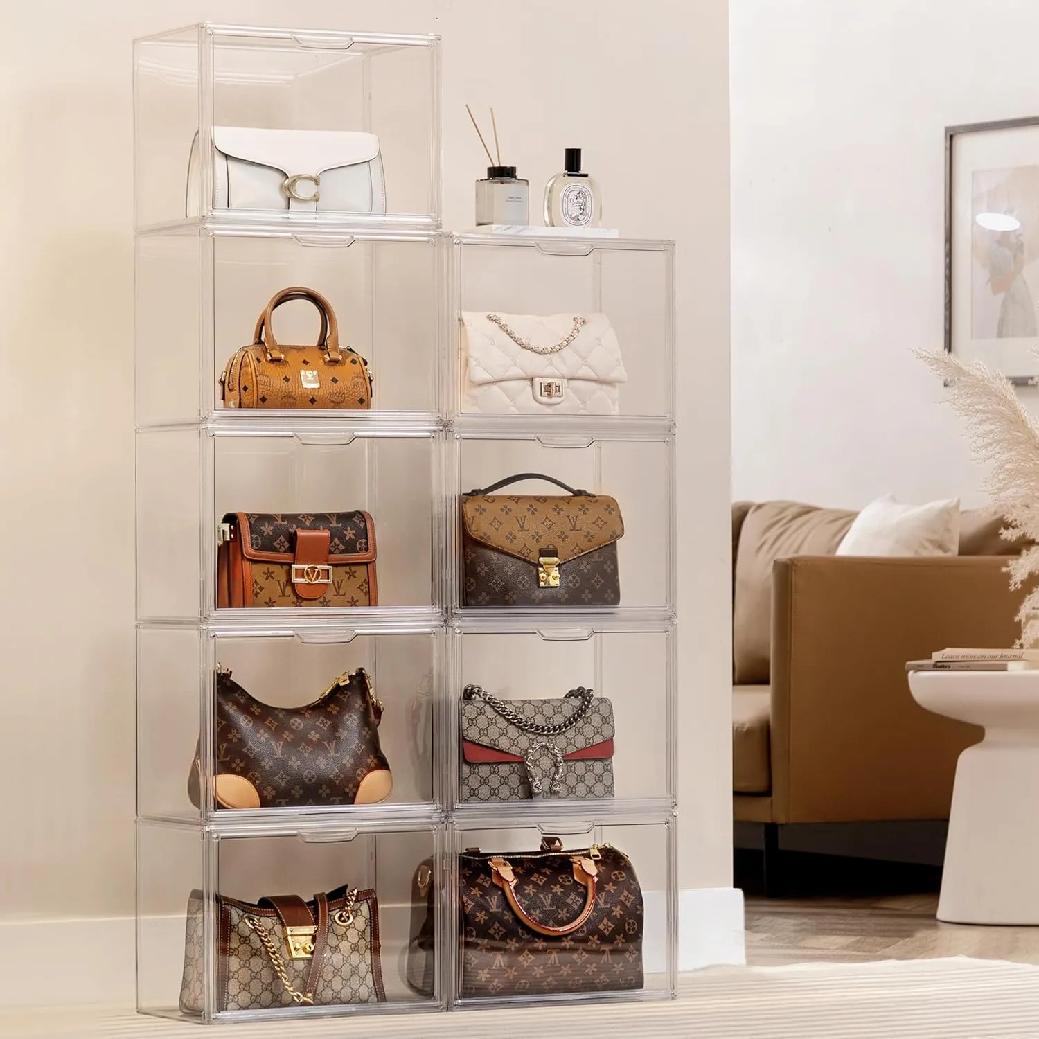 HBlife 20 Pack Purse Storage Organizer for Closet, Large Clear Stackable Handbag Display Case Box with Magnetic Door for Collectibles, Cosmetics, Women Heels and Toys