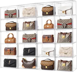 HBlife 20 Pack Purse Storage Organizer for Closet, Large Clear Stackable Handbag Display Case Box with Magnetic Door for Collectibles, Cosmetics, Women Heels and Toys