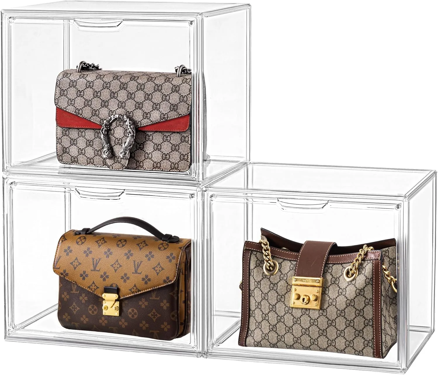HBlife 3 Pack Purse Storage Organizer for Closet, Large Clear Stackable Handbag Display Case Box with Magnetic Door for Collectibles, Cosmetics, Women Heels and Toys