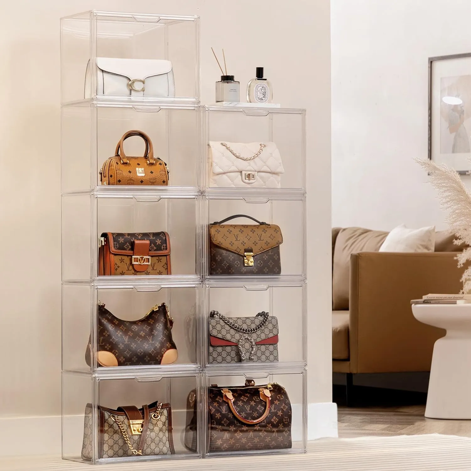 HBlife 3 Pack Purse Storage Organizer for Closet, Large Clear Stackable Handbag Display Case Box with Magnetic Door for Collectibles, Cosmetics, Women Heels and Toys