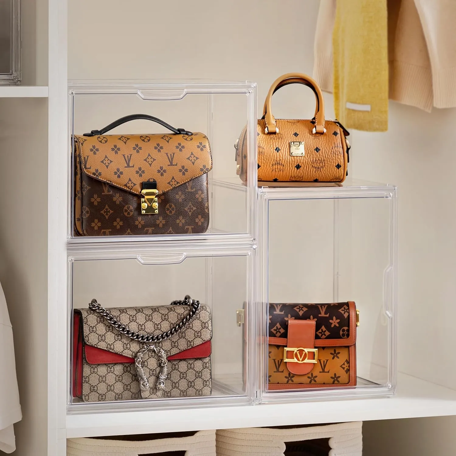 HBlife 3 Pack Purse Storage Organizer for Closet, Large Clear Stackable Handbag Display Case Box with Magnetic Door for Collectibles, Cosmetics, Women Heels and Toys