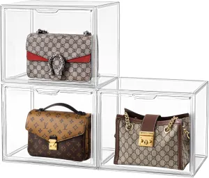 HBlife 3 Pack Purse Storage Organizer for Closet, Large Clear Stackable Handbag Display Case Box with Magnetic Door for Collectibles, Cosmetics, Women Heels and Toys