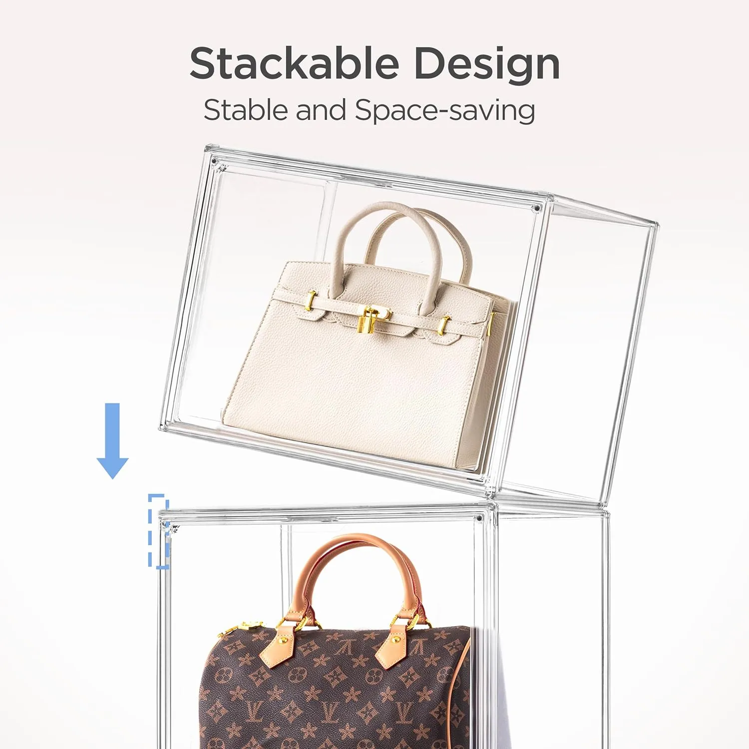 HBlife 4 Pack Purse Storage Organizer for Closet, X-Large Clear Stackable Handbag Display Case Box with Magnetic Door for Collectibles, Cosmetics, Women Heels and Toys