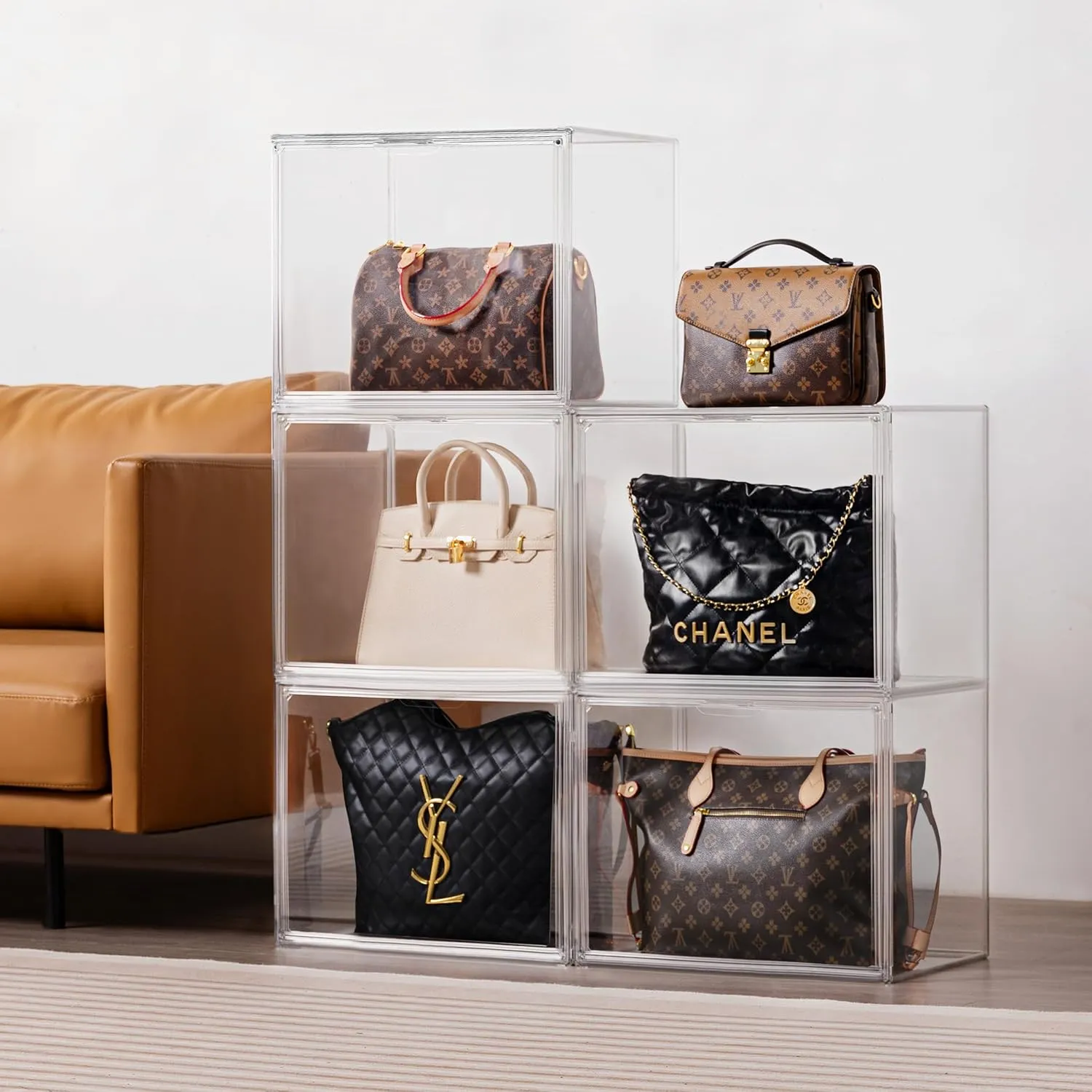 HBlife 4 Pack Purse Storage Organizer for Closet, X-Large Clear Stackable Handbag Display Case Box with Magnetic Door for Collectibles, Cosmetics, Women Heels and Toys