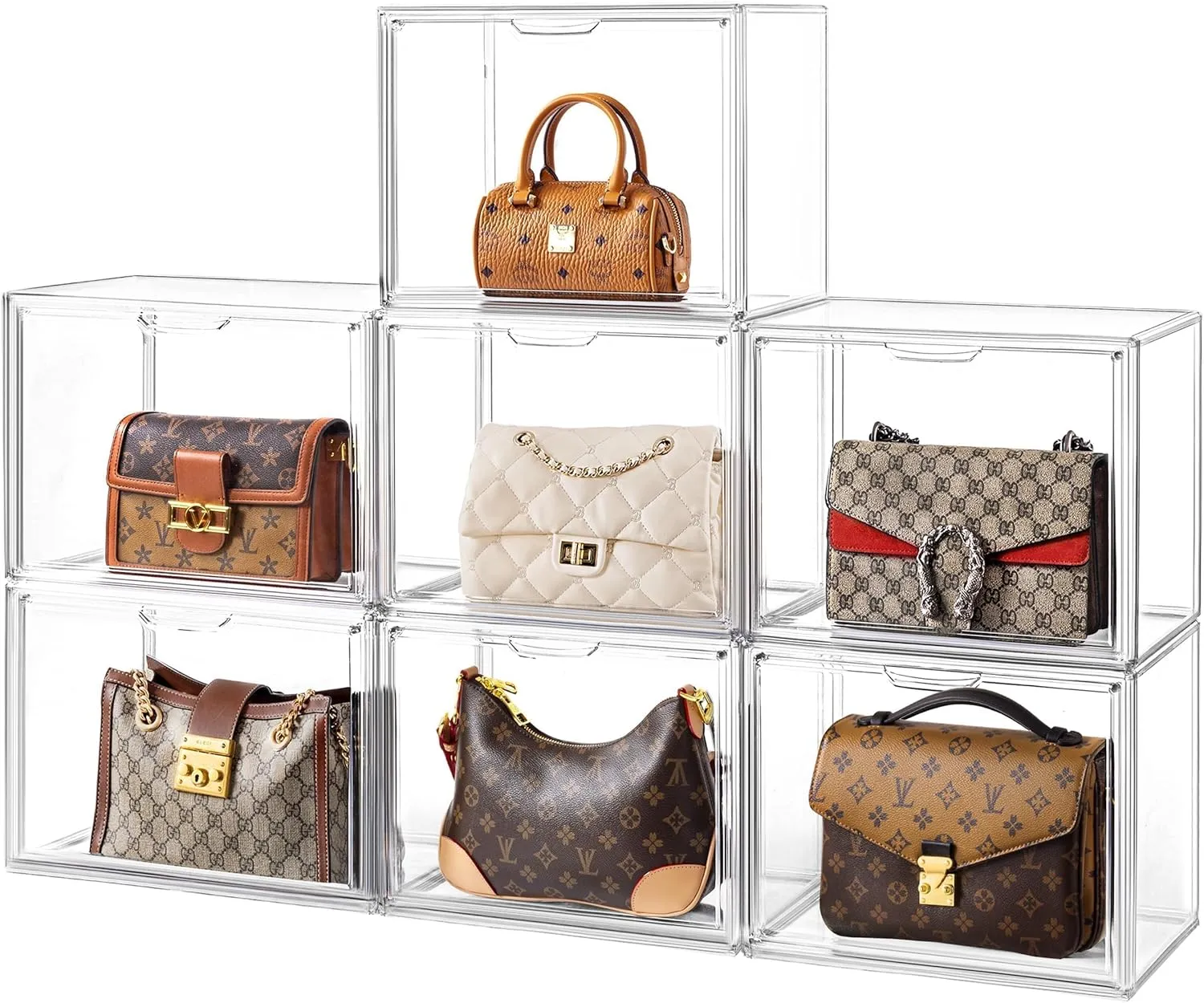 HBlife 7 Pack Purse Storage Organizer for Closet, Large Clear Stackable Handbag Display Case Box with Magnetic Door for Collectibles, Cosmetics, Women Heels and Toys
