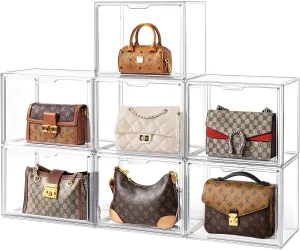 HBlife 7 Pack Purse Storage Organizer for Closet, Large Clear Stackable Handbag Display Case Box with Magnetic Door for Collectibles, Cosmetics, Women Heels and Toys