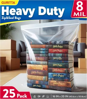 Heavy Duty 8 Mil Thick Plastic Storage Bag, Large Reusable Zipper Poly Bag for Backpacks, Blankets, Fishing & Sports Equipment, 16"x20" - Pack 25