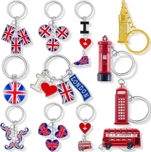 Henoyso 12 Pack London Souvenir Gifts British Landmark Keychains Metal Keyrings with UK Flag Phone Booth Big Ben Double-Decker Bus for Party Decoration Multi Styles