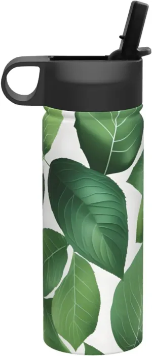 Herb Plant Leaf Print Flask Stainless Steel Water Bottle with Straw 18OZ FOR Outdoor Gym Commute