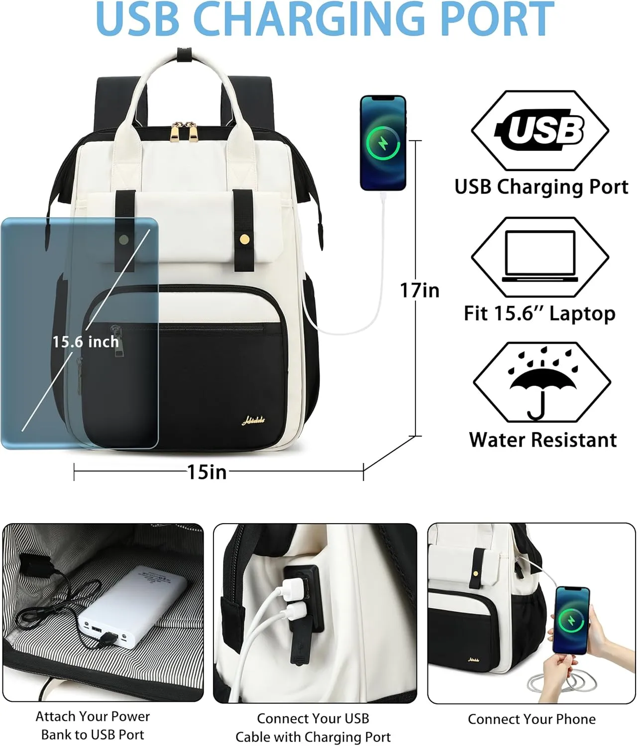 Hidds Laptop Backpack for Women 15.6 In Work Business Computer Bag School College Backpacks Commuter Back Pack Purse Girls Nursing Bookbag Womens Anti Theft Travel Daypack with USB Port - Black Beige