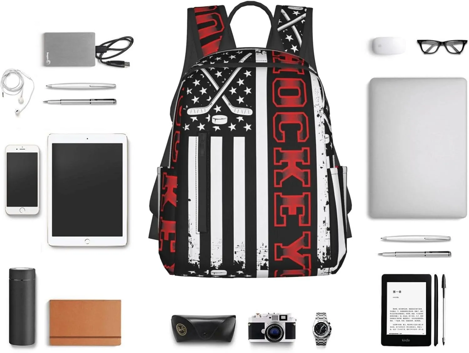 Hockey Stick American Flag Casual Backpacks Laptop Backpack Outdoor Travel Rucksack Sport Carry-On Daypack Lightweight Bag with Multi-Pockets