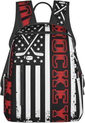 Hockey Stick American Flag Casual Backpacks Laptop Backpack Outdoor Travel Rucksack Sport Carry-On Daypack Lightweight Bag with Multi-Pockets