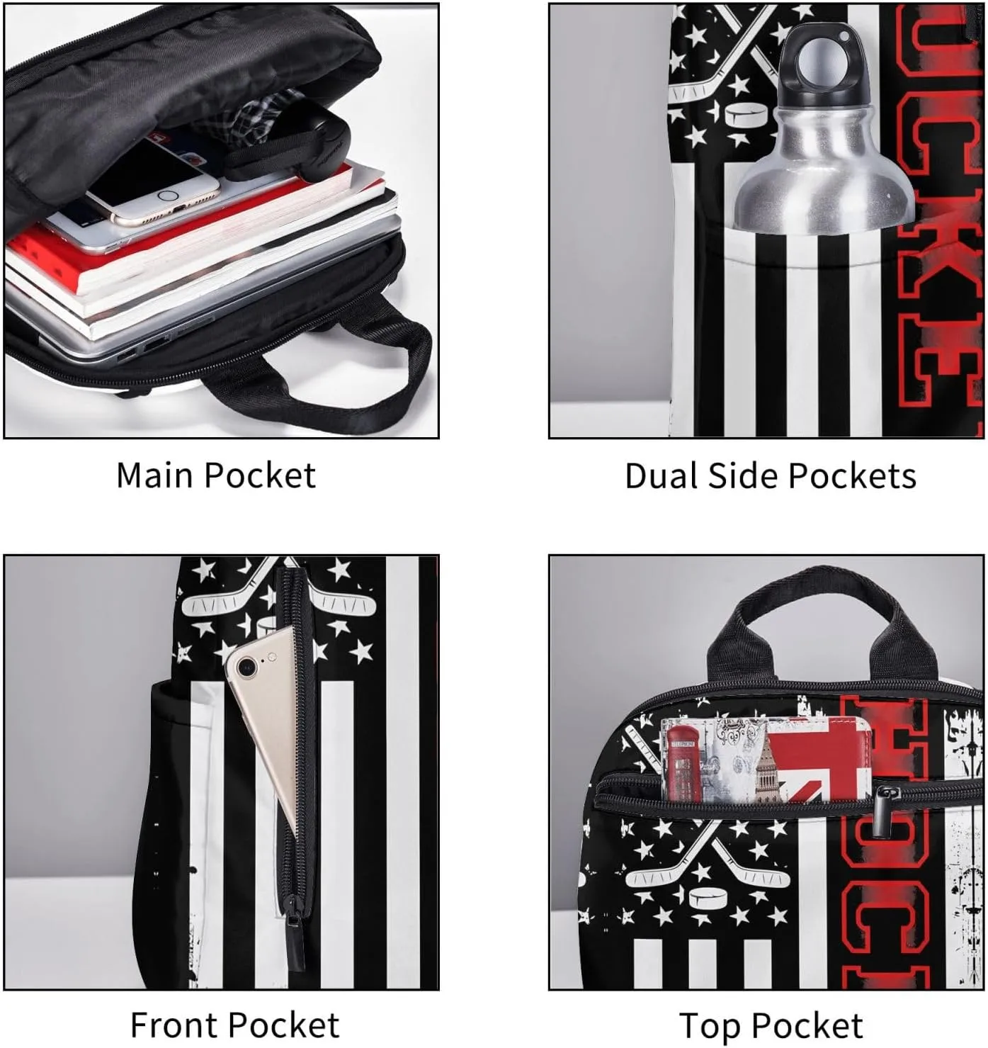Hockey Stick American Flag Casual Backpacks Laptop Backpack Outdoor Travel Rucksack Sport Carry-On Daypack Lightweight Bag with Multi-Pockets