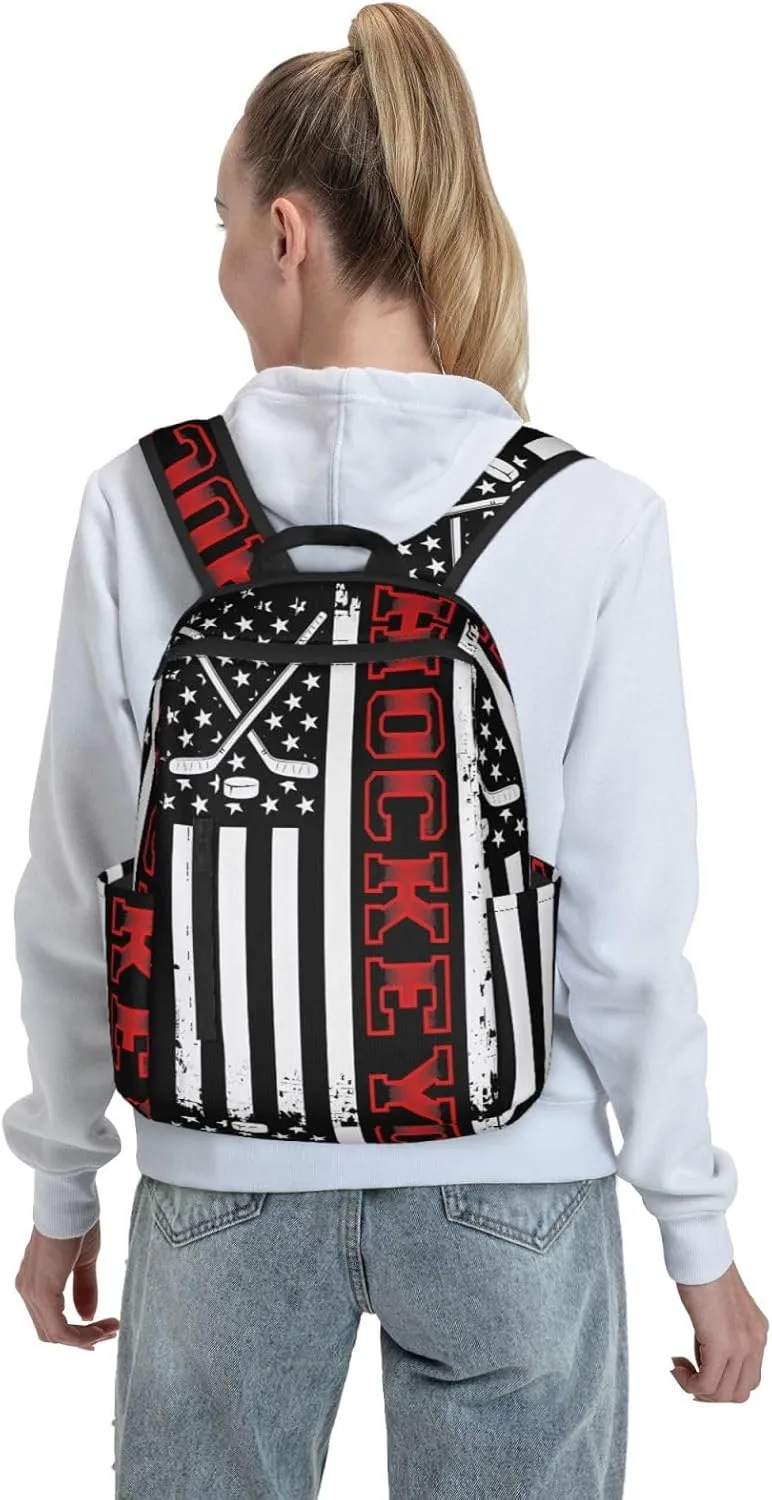 Hockey Stick American Flag Casual Backpacks Laptop Backpack Outdoor Travel Rucksack Sport Carry-On Daypack Lightweight Bag with Multi-Pockets