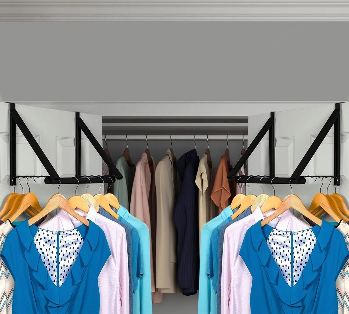 HOLDN’ STORAGE Over The Door Hanger - Single Hanger Retractable Collapsible Folding Over The Door Rack Organizer for Clothes & Towels Ideal for Bathrooms, Dorm Rooms Etc, Black - Pack of 2