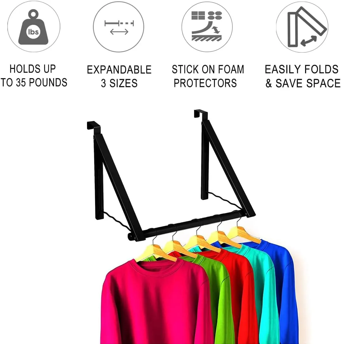 HOLDN’ STORAGE Over The Door Hanger - Single Hanger Retractable Collapsible Folding Over The Door Rack Organizer for Clothes & Towels Ideal for Bathrooms, Dorm Rooms Etc, Black - Pack of 2
