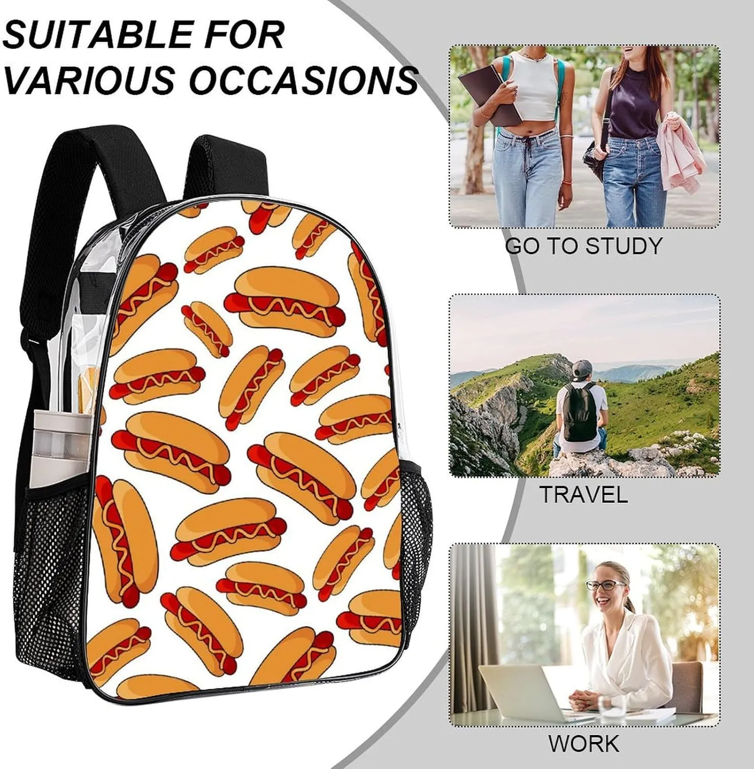 Hotdog Fun Food Hot Dog Transparent Fashion Waterproof PVC Transparent Backpack Unisex 17 Inches
