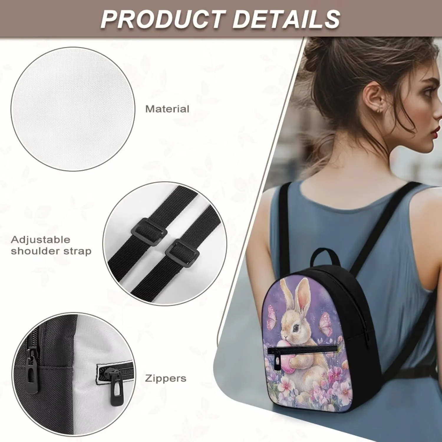 HUGS IDEA Easter Bunny Backpacks for Women Mini Cell Phone Purse for Travel Shoulder Bags Small Backpack with Adjustable Straps Handbag Daypack Lightweight Handbag for Work