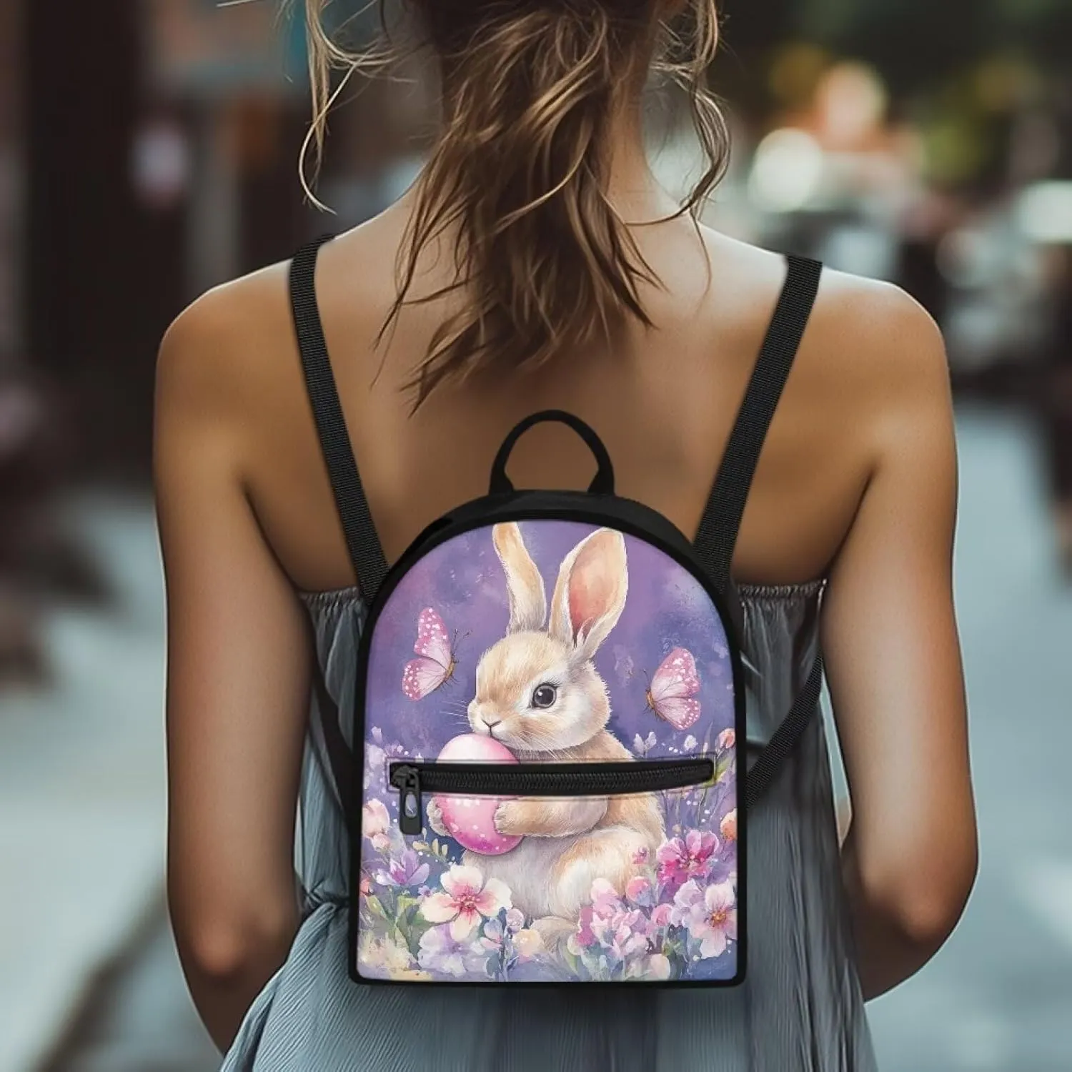 HUGS IDEA Easter Bunny Backpacks for Women Mini Cell Phone Purse for Travel Shoulder Bags Small Backpack with Adjustable Straps Handbag Daypack Lightweight Handbag for Work