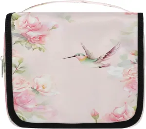 Hummingbirds Pink Flower Travel Toiletry Bag with Hanging Hook Waterproof Cosmetic Bag Makeup Organizer Travel Containers for Toiletries