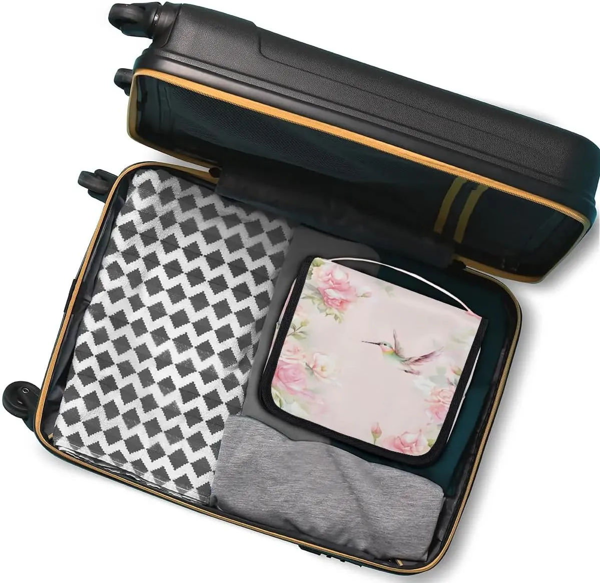 Hummingbirds Pink Flower Travel Toiletry Bag with Hanging Hook Waterproof Cosmetic Bag Makeup Organizer Travel Containers for Toiletries