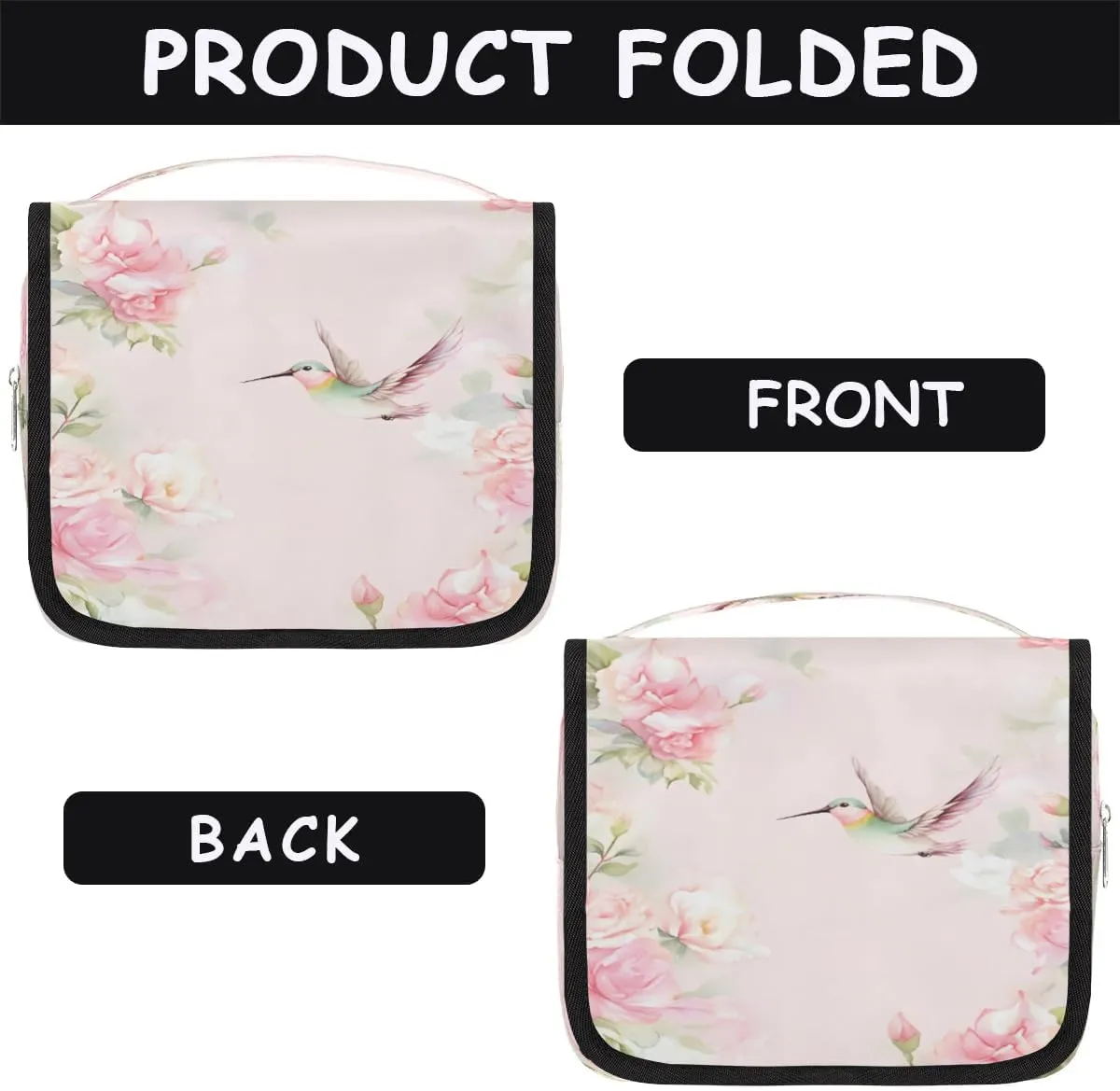 Hummingbirds Pink Flower Travel Toiletry Bag with Hanging Hook Waterproof Cosmetic Bag Makeup Organizer Travel Containers for Toiletries