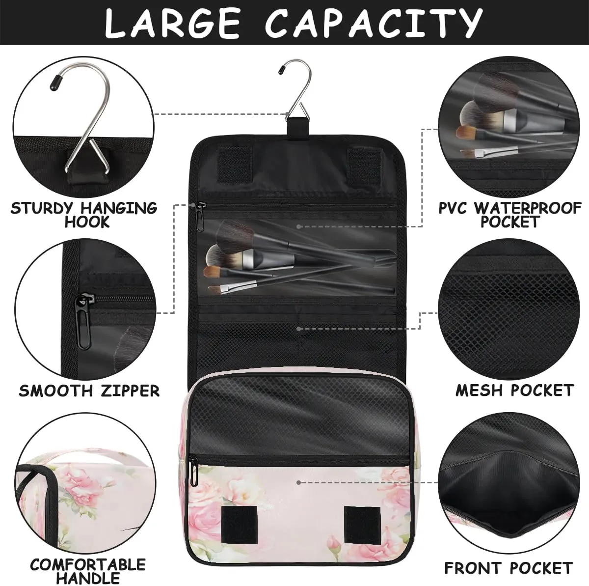 Hummingbirds Pink Flower Travel Toiletry Bag with Hanging Hook Waterproof Cosmetic Bag Makeup Organizer Travel Containers for Toiletries