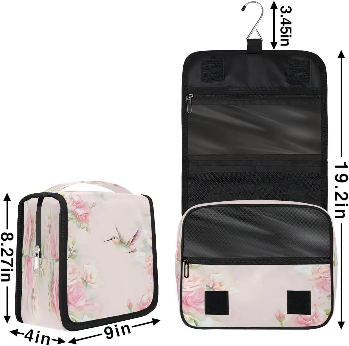 Hummingbirds Pink Flower Travel Toiletry Bag with Hanging Hook Waterproof Cosmetic Bag Makeup Organizer Travel Containers for Toiletries