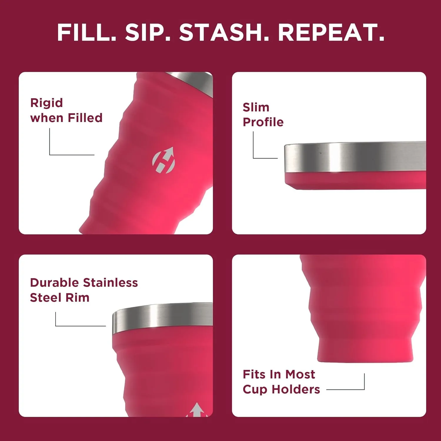 HYDAWAY 16oz Collapsible Pint - BPA-Free Silicone Cup with Stainless Steel Rim - Reusable, Packable, and Durable for Camping, Travel & Everyday Use