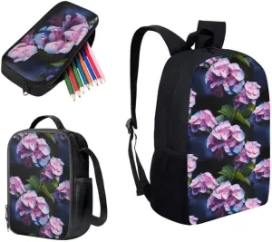 Hydrangea Purple Art Painting 3 in 1 School Bags Set Backpacks With Flower Hand Drawing Lunch Bags and Pencil Case for Teens Students Boys Girls