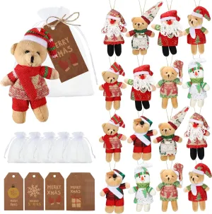 HyDren 48 Pcs Christmas Small Bear Gifts 16 Sets 5.1 Inch Mini Stuffed Plush Bears Doll Xmas Tags with Organza Bags for Christmas Party Favors Xmas Tree Ornaments Decorations Stocking Fillers