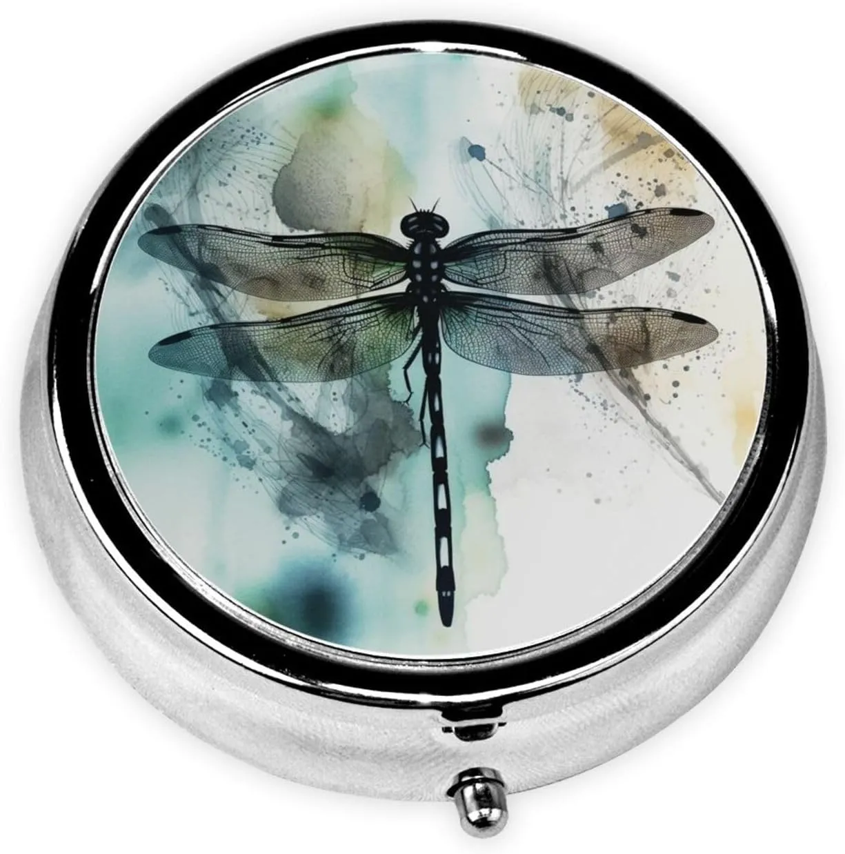 Ink Dragonfly Pill Box Round Pill Case for Pocket Purse 3 Compartment Medicine Pill Organizer Cute Portable Travel Pillbox Vitamin Cod Liver Oil Storage Box Unique Gift Organizer