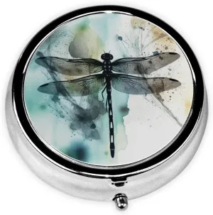 Ink Dragonfly Pill Box Round Pill Case for Pocket Purse 3 Compartment Medicine Pill Organizer Cute Portable Travel Pillbox Vitamin Cod Liver Oil Storage Box Unique Gift Organizer
